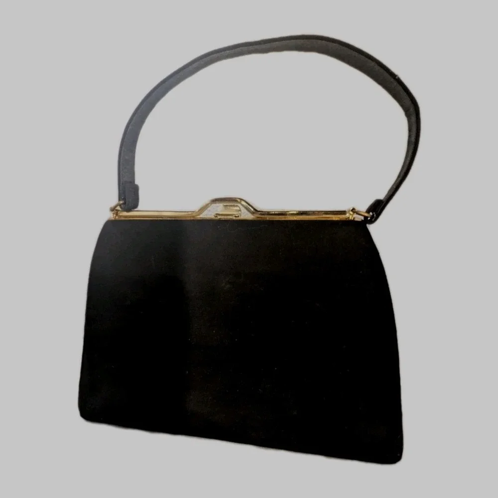 Vintage 1950s Black Beaded Evening‎ Bag Amber Floral Cabochon Frame Purse